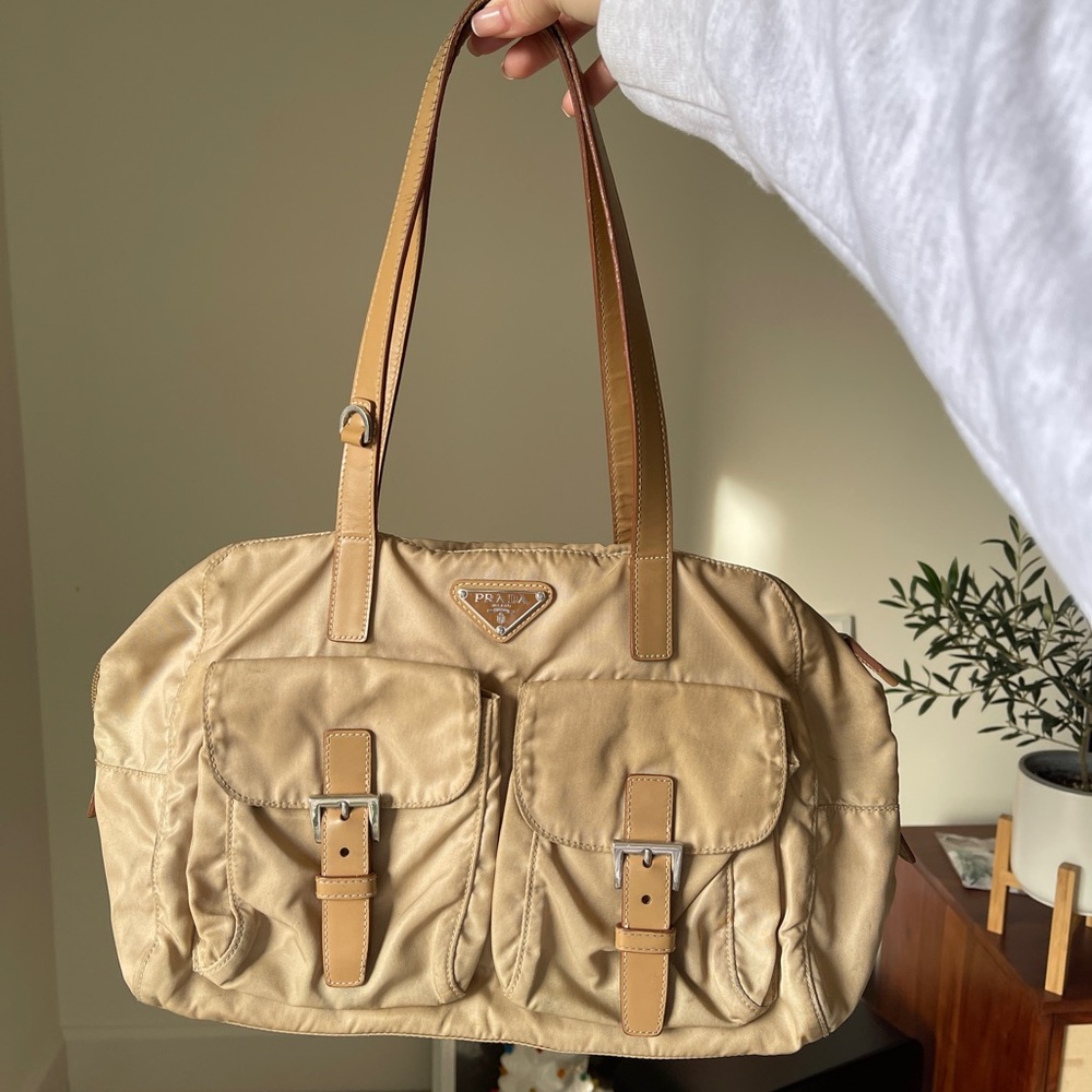 Prada Tan Shoulder Bag with Soft Fabric and Slouchy Shape